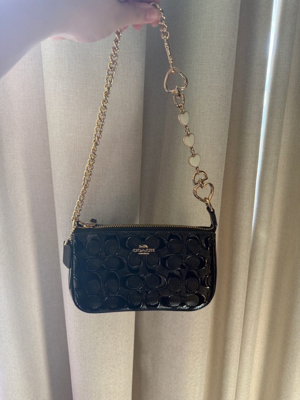 Coach Black Patent Leather Signature Mini Crossbody with Gold Heart Chain
